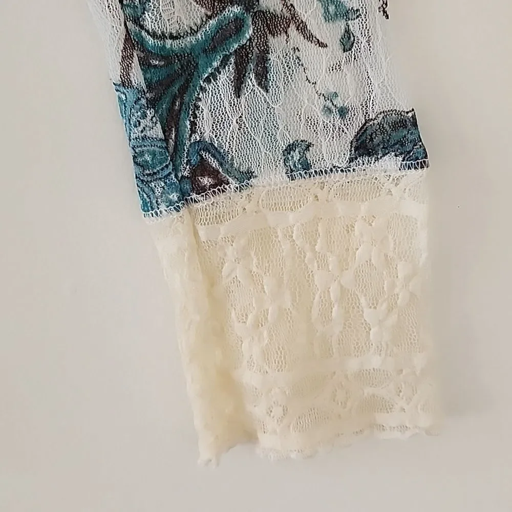 Y2K 90's Blue Floral Semi Sheer Mesh Tulle Beige Lace Trim Fitted Henley Top S E - Picture 6 of 12